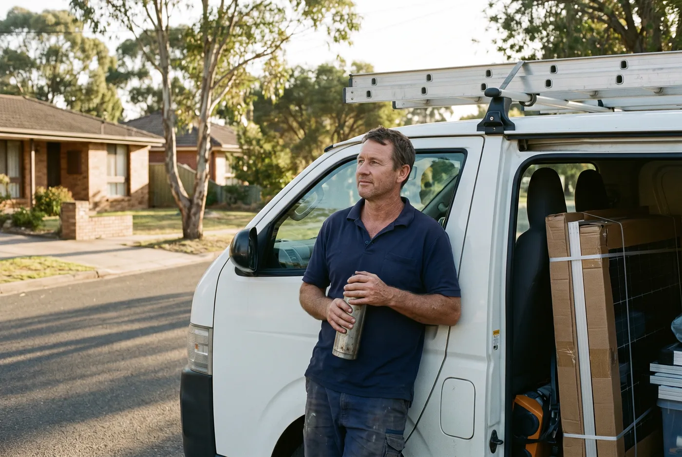Solar installer at sunrise beside his work van