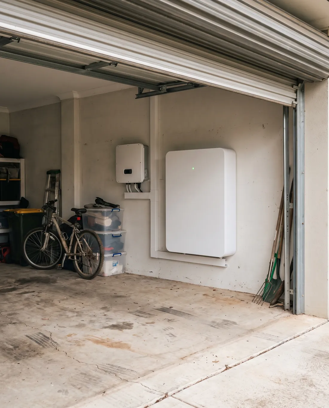 Home battery neatly installed in a garage