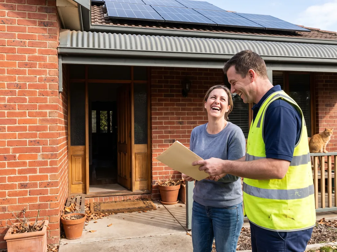 Installer handing documents to a smiling homeowner