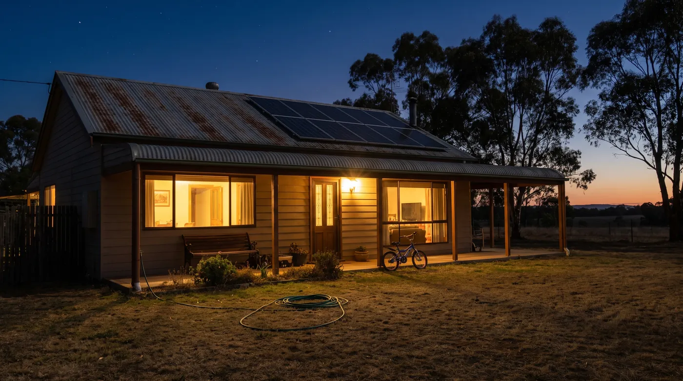 Australian home at dusk running on battery power