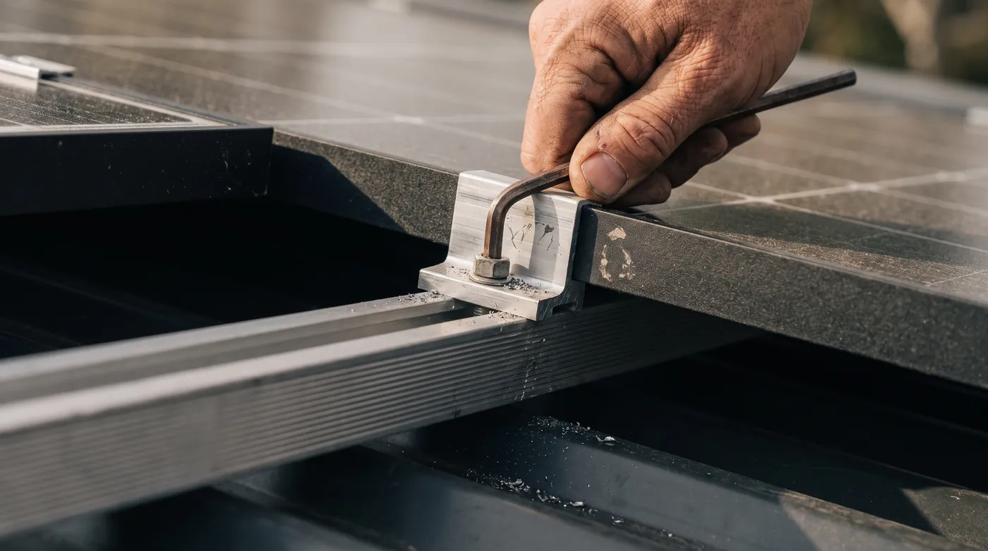 Torque tool tightening a solar panel clamp