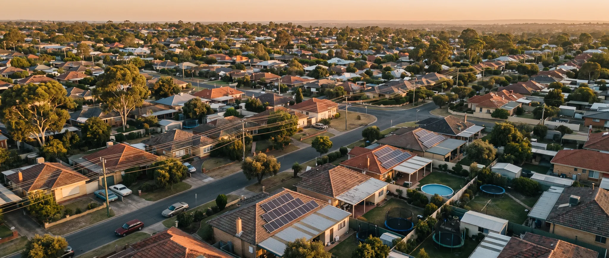 Australian suburb at golden hour with solar panels on many rooftops