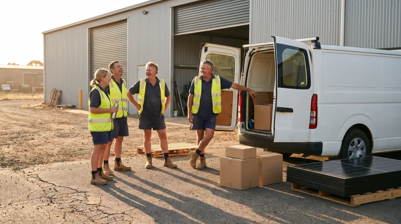 Solar installation crew at golden hour in front of a work van