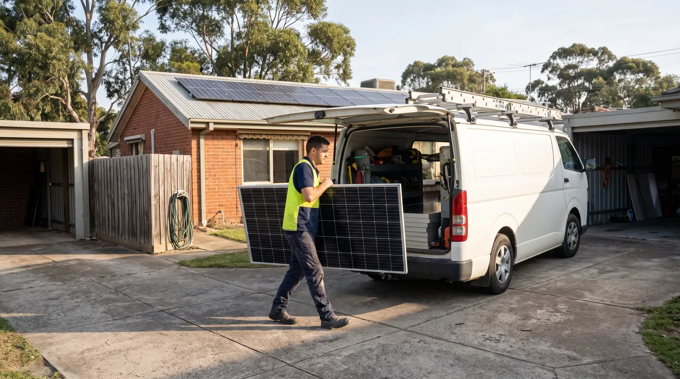 Work van and installer delivering panels to a home