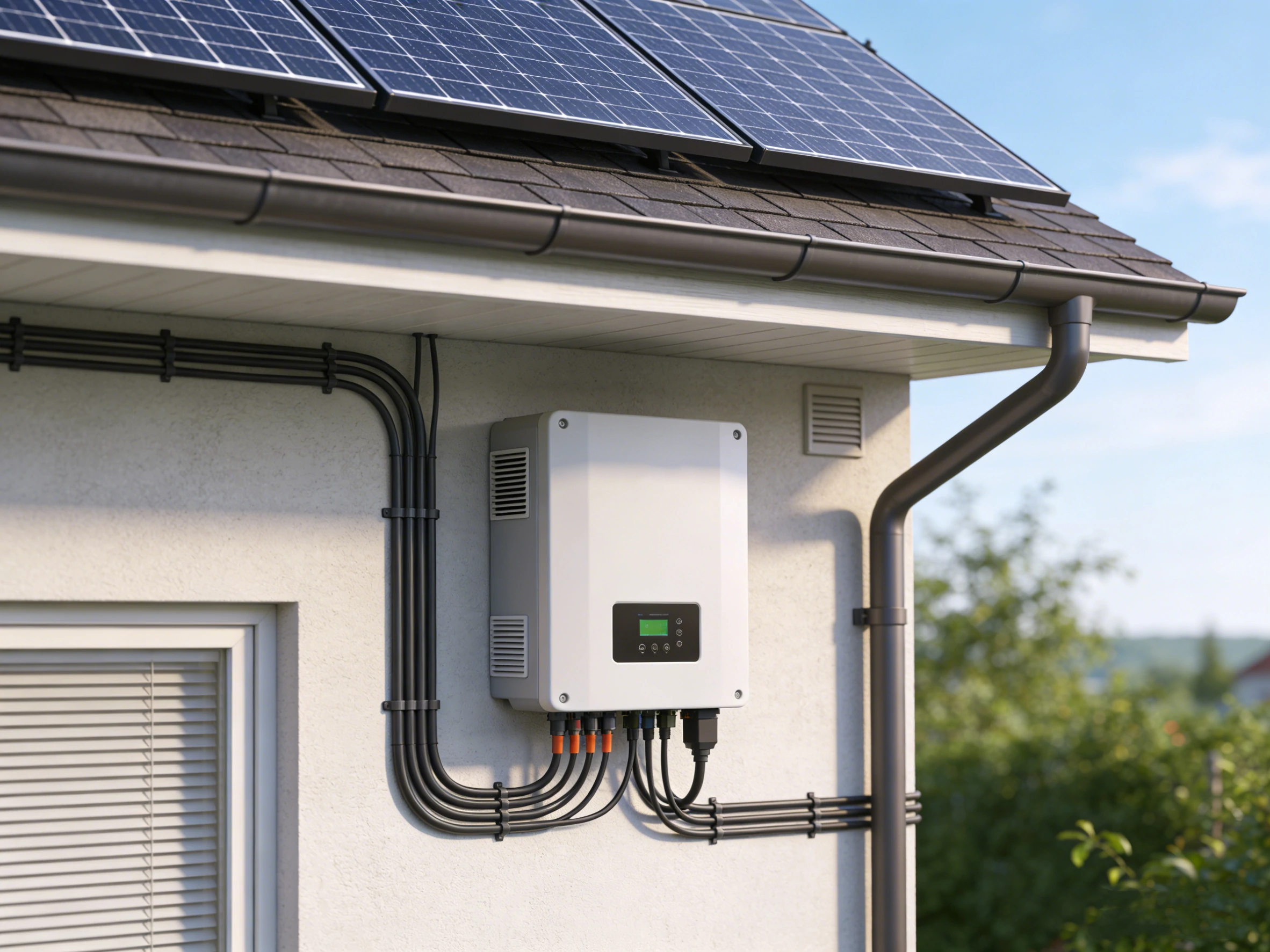 Hybrid solar inverter mounted on a home wall